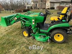 John Deere 1025R Tractor 56 Hrs, 54 Mower Deck, H120 Loader, Spreader, Hitch