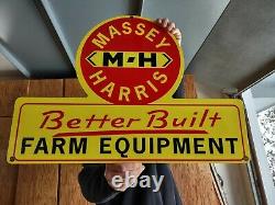 Large Old Vintage Massey Harris M-h Tractor Farm Machinery Porcelain Metal Sign