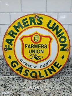 Vintage 1961 Farmers Union Porcelain Sign Farm Barn Tractor Cor. Seed Gas Oil