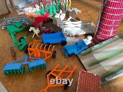 Vintage Farm Play Set Toys Silo Huge Lot Animals Tractor, Plow, Dics Rake, Mower