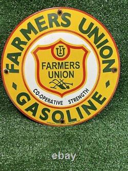 Vintage Farmers Union Oil Co Porcelain Sign 1961 Gas Station Oil Farm Tractor