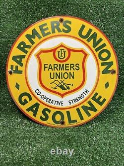 Vintage Farmers Union Oil Co Porcelain Sign 1961 Gas Station Oil Farm Tractor