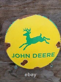 Vintage John Deere Porcelain Sign Old Tractor Equipment Farm Grain Seed Gas Oil
