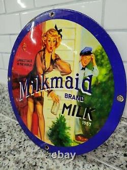 Vintage Milkmaid Milk Porcelain Sign Dairy Farm Cow Tractor Cheese Gas Motor Oil