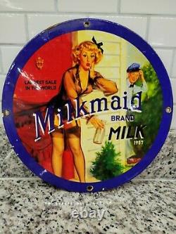 Vintage Milkmaid Milk Porcelain Sign Dairy Farm Cow Tractor Cheese Gas Motor Oil