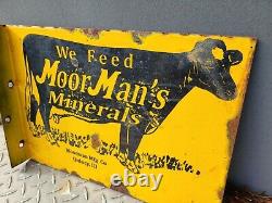 Vintage Moormans Minerals Porcelain Sign Flange Dairy Farm Cow Tractor Oil Gas