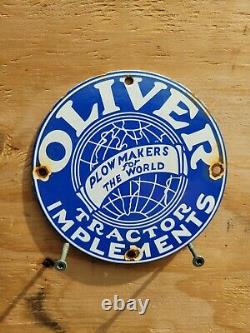 Vintage Oliver Tractor Porcelain Sign Farm Implements Plow Barn Oil Gas Machine