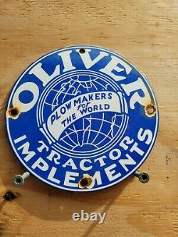 Vintage Oliver Tractor Porcelain Sign Farm Implements Plow Barn Oil Gas Machine