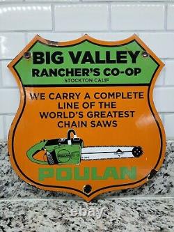 Vintage Poulan Porcelain Sign Ranch Chainsaw Farm Tractor Tools Gas Oil Shield