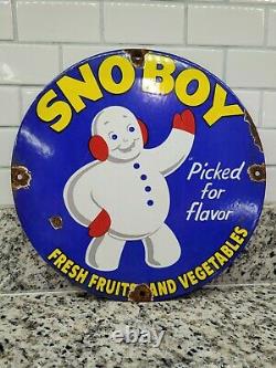 Vintage Snoboy Porcelain Sign Fruits Vegetable Farming Gas Oil Tractor Barn